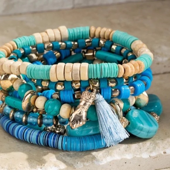 Jewelry - Multi Layer Turquoise Charm Beaded Wood Metal Gold Bead Stretch Bracelet Set